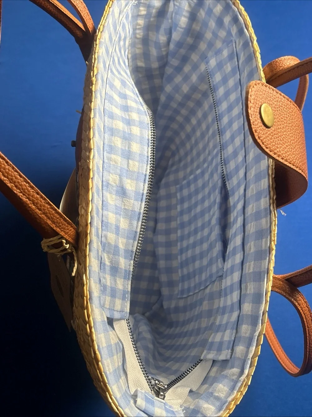 Source Unknown Straw Tote with Red Strawberry Embroidery and Tan Handles